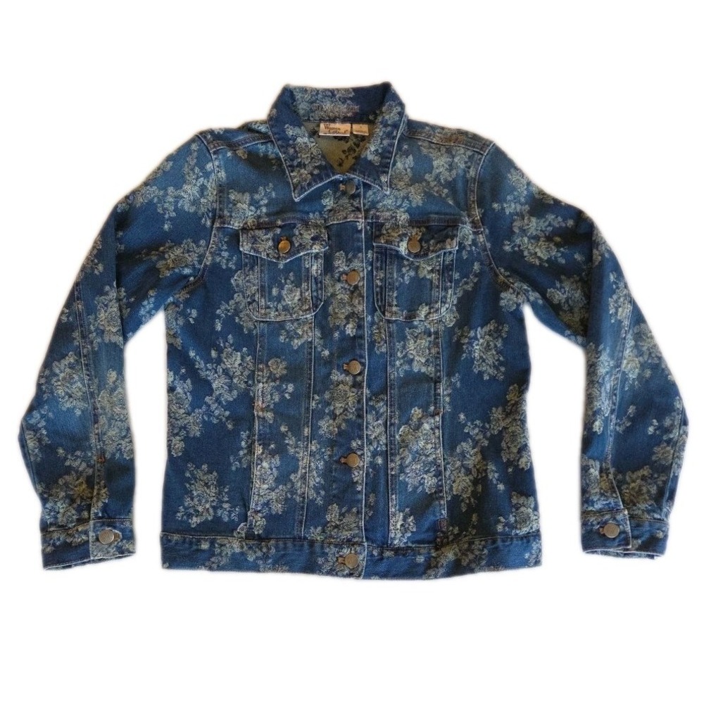Womens Floral Denim Trucker Jacket Sz S Blue Boho 90s Coastal Cottage Romantic - Picture 2 of 10